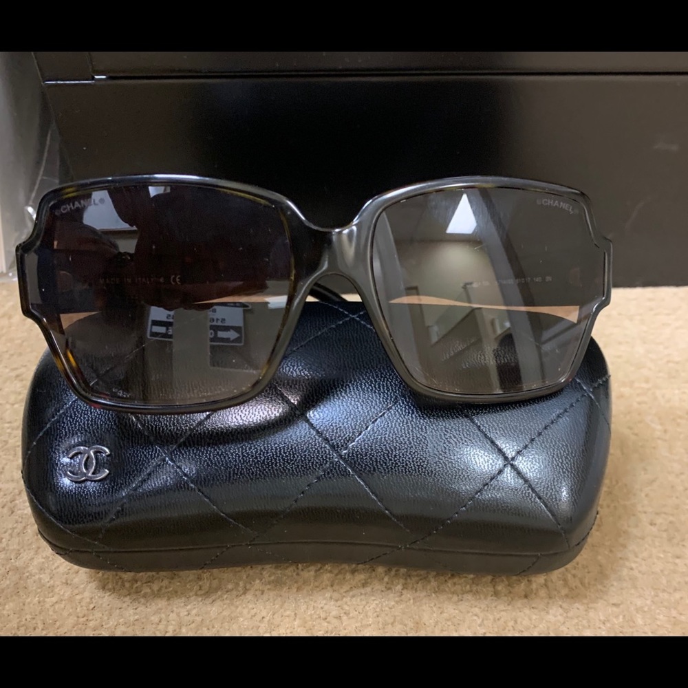 Chanel square tortoise shell sunglasses.